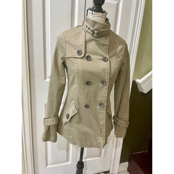 Y2K OAKLEY TRENCH COAT KHAKI SZ XS PEA COAT MILITARY STYLE VERSATILE AESTHETIC - Picture 12 of 16